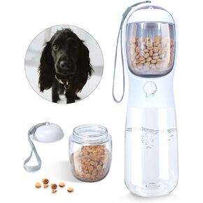 Dog Water Bottle, 2 in 1, Leak Proof Portable Pet Water Bottle with Food Container, Outdoor Portable Water Dispenser for Dog, Dog Supply for Walking, Hiking, Camping, Travel (19oz White)