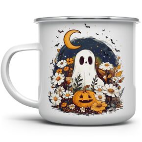 Fall Halloween Ghost Enamel Campfire Mug, Whimsical Cottagecore Autumn Foliage Pumpkin Spooky Season Cup Outdoor Camping Coffee Cup (16oz)