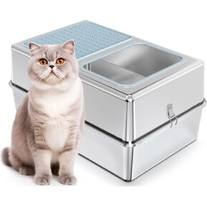 Stainless steel cat litter box - Enclosed large cat litter box, suitable for large cat, Top Entry Cat Litter Box with lid, easy to clean, odorless, non-stick, metal cat litter box