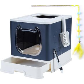Vealind Covered Cat Litter Box with Sifting Lid, Kitty Litter Box Enclosure, Top Entry Enclosed Litter Box with Litter Scooper and Brush, Black & White Easy Clean Hooded Travel Litter Box for Cats