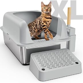 Stainless Steel Litter Box with Lid, Extra Large Cat Litter Box, XL Metal Litter Box for Big Cats with High Wall Slides Enclosure, Anti High-Peeing Spraying, Anti-Leakage Non-Sticky Easy to Clean