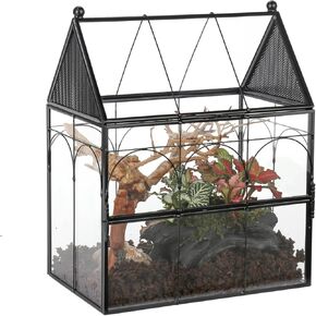 NCYP Glass Enclosure with Vent Holes for Insect, Spiders, Snails - 7.5" x 4.9" x 9", Small Closed Front Opening Door Succulent Terarium - House Shape Habitat, Home Decor Black (No Plants)