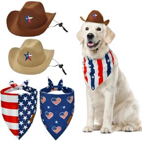 Vehomy 4th of July Pet Dog Costume - Dog Cowboy Hats with Star Décor Independence Day Dog Bandanas with American Flag Pattern 4th July Pet Hat and Scarf Outfit for Dogs Cats (4Pcs)