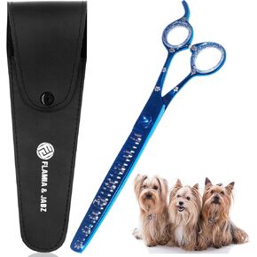 Professional Dog Grooming Scissors Set of Straight, Curved, Thinner/Blender and Chunker Shears with Paw Prints for Dogs, Cats & Pets (Right Handed, Black, Stainless Steel 8 Inch)