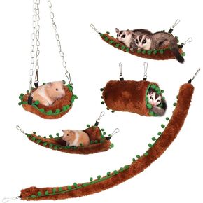 Sugar Glider Hammock Set Toy Brown 5-Piece Set Mouse Hanging Warm Bed Hamster Tunnel and Hideout Mouse Nest Accessories Toy Decorations Small Animal Climbing Swing (Brown)