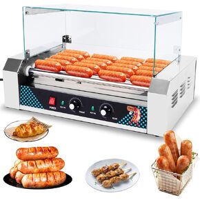 Electric Hot Dog 7 Roller Machine Household Indoor Sausage 24 Hotdog Roller Grill Cooker Maker with Dust Cover 360°Stainless Steel Rotating Rollers Dual Temp Control Removable Drip Tray