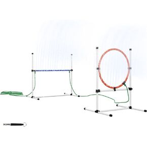PawHut 3 Piece Dog Agility Training Equipment Set, Dog Obstacle Course with Adjustable Height Jumping Ring and Hurdle, Spray Water Tube, Carry Bag, Whistle, White