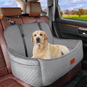 Youvee Dog Car Seat for Large/Medium Dog,Interior Height 4 Inches Pet Car Bed for Dogs Under 55 lbs or 2 Small Dogs,Fully Detachable and Washable Dog Booster Seat with 2 Safety Leashes(Grey)