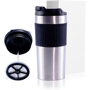 15oz Double Wall Stainless Steel Insulated French Press Coffee and Tea Maker - Portable Camping Mug and Tumbler - Heat Retaining, Leak-Proof, Travel-Friendly for Office and Outdoor Adventures (Black)