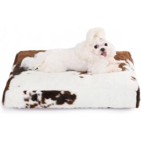 Bedfolks Waterproof Dog Crate Bed,Plush Dog Bed with Removable Washable Cover,Faux Fur Dog Crate Pad for Small Dogs and Cats,Fluffy Dog Kennel Bed 17"x12",Black-White Cowhide