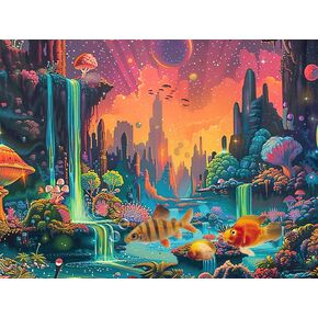 Colorful Galaxy Space Planet Aquarium Background, Waterfall Landscape Tapestry Fantasy Mountain Wave Wall Tapestry Mysterious Neon Plants Fish Tank with Mushroom Design