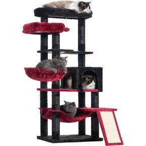 Hey-brother Cat Tree with Scratching Post, 57 inch Cat Tower for Indoor Cats, Cat Condo with Two Large Platforms, Hammock and Big Scratch Board, Light Gray MPJ051W