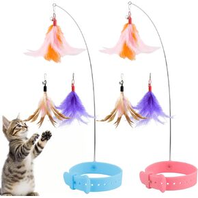 Cat Collar Toy with Long Metal Rod, Upgraded Cat Feather Neck Collar Toy with 6 Replacement Refills, Interactive Self Playing Toys with Bell for Indoor Kittens Small Animals