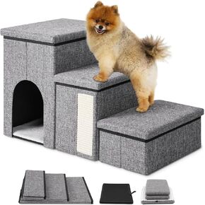 Dog Stairs, Flymer Dog Ramp for Bed and Couch with Storage and Condo, Foldable 3 Steps Pet Stairs for Small Dogs and Cats