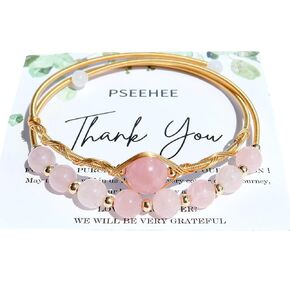 Handmade Genuine Rose Quartz Beads Double Layered 14k Gold Filled Wire Wrapped Bracelet, Birthstone Chakra Healing Gemstone Crystal Adjustable Bangle Cuff Jewelry Gift for Women Girls