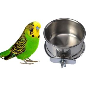 Hypeety Bird Parrot Feeding Double Cups Stainless Steel Food Water Bowls with Clip Bird Seed Feeder Cups Hanging Bowl Cage Stand Accessories