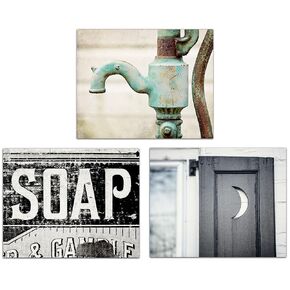 Rustic Bathroom Wall Art Set of 3 SMALL 5x7" Prints - Unframed - Country Farmhouse Bath Decor - Teal, Blue, Black - Soap, Outhouse Moon, Water Pump