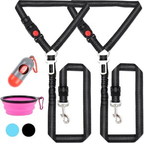 COSOWO 4 in 1 Set Dog Car Removable & Hardest Seatbelts, Adjustable Pet Seat Belt Harness for Cars, Retractable Restraint Secures to Vehicle Headrest, Poop Bag and Dog Bowl, Black+Pink