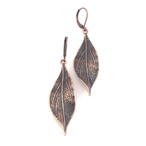 Long Antiqued Copper Leaf Earrings