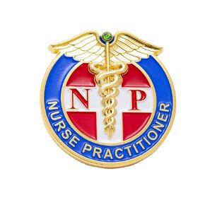 Nurse Pin Button - Gold Outline with Green Stone - RN, NP - Nurse Red Cross Pin, USA, Metal, Unique, Red, Green, Blue - 1.5" (Nurse Practitioner)