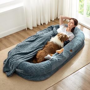 Human Dog Bed for Adult - Luxury Faux Fur Giant Human Size Dog Bed with Portable Handle, Egg Orthopedic Foam Dog Human Bed with Blanket, 72"x40"x10", Grayish Blue