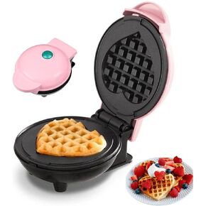 Mini Waffle Maker 4 Inch Plate Waffle Iron for Hash Browns, Keto Chaffles, Snacks, Sandwich, Compact Design, Non-Stick Surface, Easy to Clean, Heart, Pink