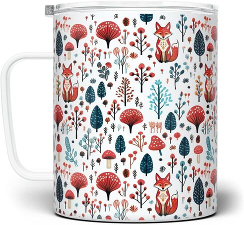 Woodland Forest Fox Insulated Travel Coffee Mug with Lid, Folk Nature Mushroom Cup (12oz) in Saudi Arabia
