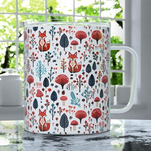 Woodland Forest Fox Insulated Travel Coffee Mug with Lid, Folk Nature Mushroom Cup (12oz) in Saudi Arabia