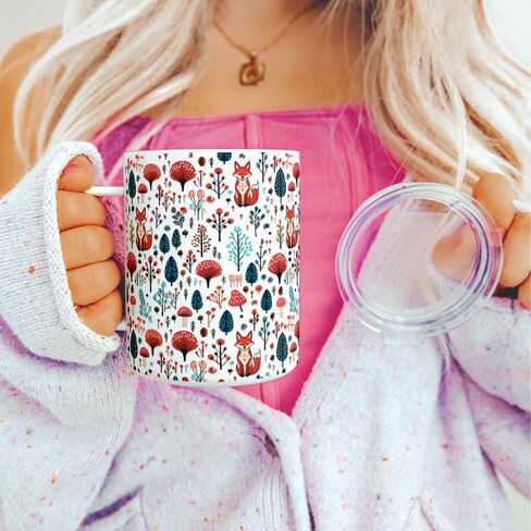 Woodland Forest Fox Insulated Travel Coffee Mug with Lid, Folk Nature Mushroom Cup (12oz) in Saudi Arabia