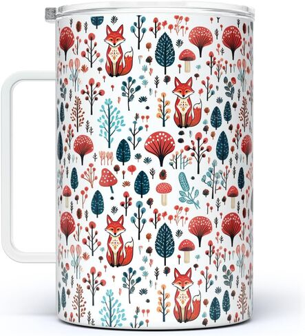 Woodland Forest Fox Insulated Travel Coffee Mug with Lid, Folk Nature Mushroom Cup (12oz) in Saudi Arabia