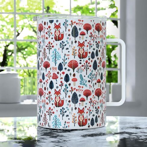 Woodland Forest Fox Insulated Travel Coffee Mug with Lid, Folk Nature Mushroom Cup (12oz) in Saudi Arabia