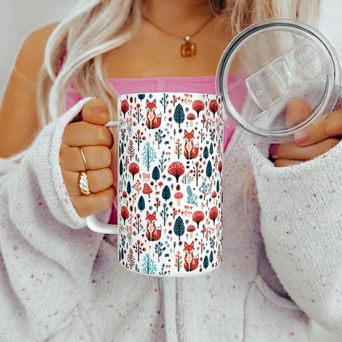 Woodland Forest Fox Insulated Travel Coffee Mug with Lid, Folk Nature Mushroom Cup (12oz) in Saudi Arabia