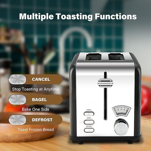 Simple Deluxe Stainless Steel Toaster 2 Slice with Extra Wide Slot & Removable Crumb Tray, 5 Shade Options and Bagel/Defrost/Cancel Functions, Retro Black in Saudi Arabia