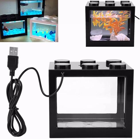 Mini Aquarium Box Small Betta Fish Multifunctional USB Rechargeable Fish with LED Light Lamp Reptile Feeding Box Building Block Fish Bowl Home Decor LED Light Feeding Box(Black) in Saudi Arabia