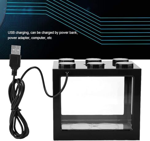 Mini Aquarium Box Small Betta Fish Multifunctional USB Rechargeable Fish with LED Light Lamp Reptile Feeding Box Building Block Fish Bowl Home Decor LED Light Feeding Box(Black) in Saudi Arabia