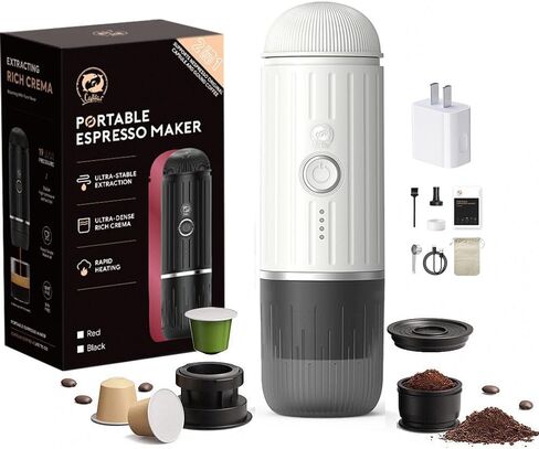 Portable Coffee Maker Travel Espresso Machine 120W White Color , 19 Bar Pressure 7500mAh Rechargeable Battery Version Portable On the Go for Camping, Driving, Home and Office Travelling White Color in Saudi Arabia