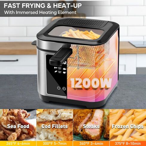 مقلاة عميقة مع سلة من كيوسيماكس، مقلاة كهربائية صغيرة للاستخدام المنزلي، حجم عائلي 2.6 لتر، غطاء مع نافذة عرض قابلة للإزالة، إعدادات تحكم رقمية بلمسة واحدة، أجزاء غير لاصقة آمنة للاستخدام في غسالة الأطباق in Kuwait