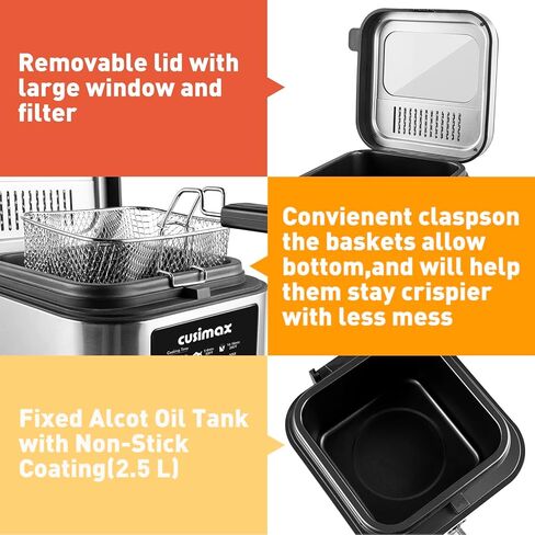 مقلاة عميقة مع سلة من كيوسيماكس، مقلاة كهربائية صغيرة للاستخدام المنزلي، حجم عائلي 2.6 لتر، غطاء مع نافذة عرض قابلة للإزالة، إعدادات تحكم رقمية بلمسة واحدة، أجزاء غير لاصقة آمنة للاستخدام في غسالة الأطباق in Kuwait