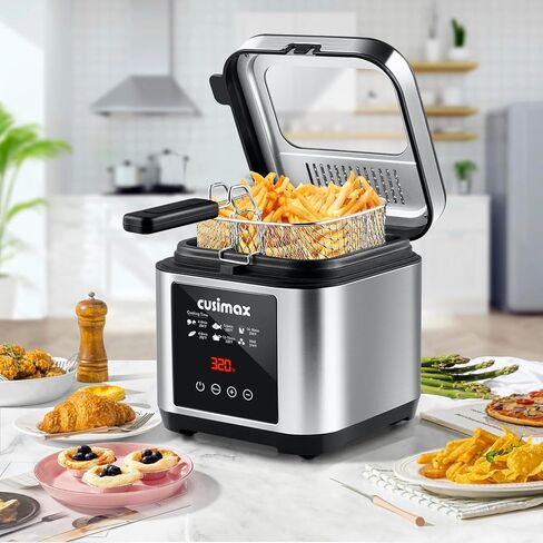 مقلاة عميقة مع سلة من كيوسيماكس، مقلاة كهربائية صغيرة للاستخدام المنزلي، حجم عائلي 2.6 لتر، غطاء مع نافذة عرض قابلة للإزالة، إعدادات تحكم رقمية بلمسة واحدة، أجزاء غير لاصقة آمنة للاستخدام في غسالة الأطباق in Kuwait