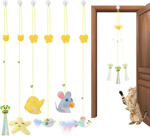 6 Pcs Hanging Cat Toy, Cat Hanging Toy Door Hanging Cat Toy Interactive Cat Feather Toys Cat Teaser Retractable Doorway Hanger Door Frame Cat String Toys for Indoor Play Hunting Exercise in Saudi Arabia