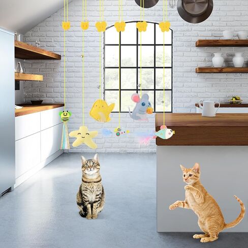 6 Pcs Hanging Cat Toy, Cat Hanging Toy Door Hanging Cat Toy Interactive Cat Feather Toys Cat Teaser Retractable Doorway Hanger Door Frame Cat String Toys for Indoor Play Hunting Exercise in Saudi Arabia