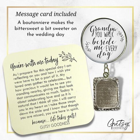 Groom's Boutonniere Pin Wedding Photo Charm for Lapel, Grandpa You Walk Beside Me Silver Jewelry - Handmade White Glass Pendant Memory Picture Frame Men's Brooch - Meaningful Memorial Card & Gift Box in Saudi Arabia