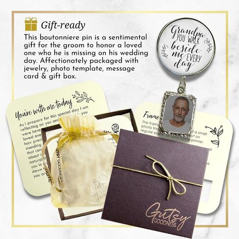 Groom's Boutonniere Pin Wedding Photo Charm for Lapel, Grandpa You Walk Beside Me Silver Jewelry - Handmade White Glass Pendant Memory Picture Frame Men's Brooch - Meaningful Memorial Card & Gift Box in Saudi Arabia
