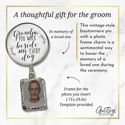 Groom's Boutonniere Pin Wedding Photo Charm for Lapel, Grandpa You Walk Beside Me Silver Jewelry - Handmade White Glass Pendant Memory Picture Frame Men's Brooch - Meaningful Memorial Card & Gift Box in Saudi Arabia