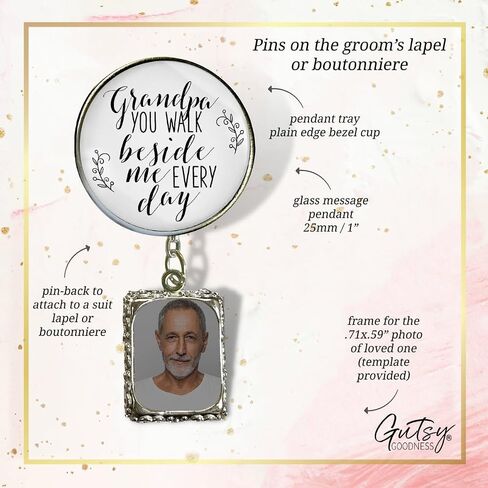 Groom's Boutonniere Pin Wedding Photo Charm for Lapel, Grandpa You Walk Beside Me Silver Jewelry - Handmade White Glass Pendant Memory Picture Frame Men's Brooch - Meaningful Memorial Card & Gift Box in Saudi Arabia