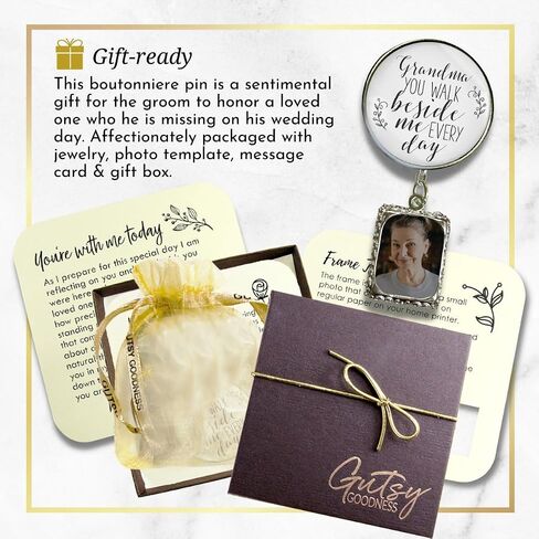 Groom's Boutonniere Pin Wedding Photo Charm for Lapel, Grandpa You Walk Beside Me Silver Jewelry - Handmade White Glass Pendant Memory Picture Frame Men's Brooch - Meaningful Memorial Card & Gift Box in Saudi Arabia
