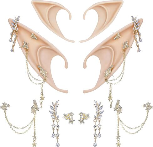 FRESHME Elf Ears with Piercings - Handmade Fairy Ears with Gold Butterfly Earrings Cuffs in Saudi Arabia