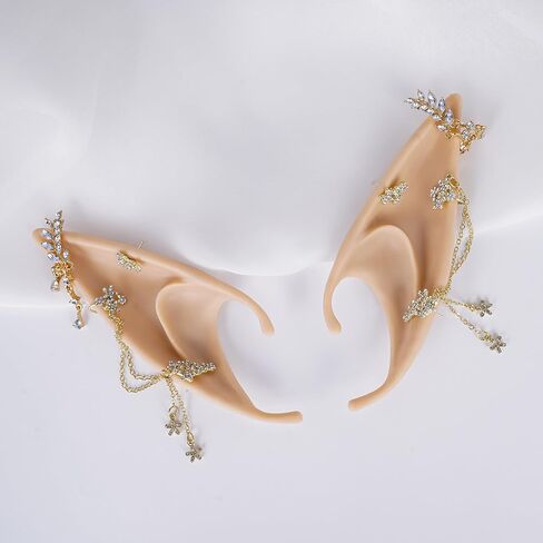 FRESHME Elf Ears with Piercings - Handmade Fairy Ears with Gold Butterfly Earrings Cuffs in Saudi Arabia