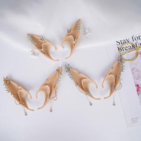 FRESHME Elf Ears with Piercings - Handmade Fairy Ears with Gold Butterfly Earrings Cuffs in Saudi Arabia