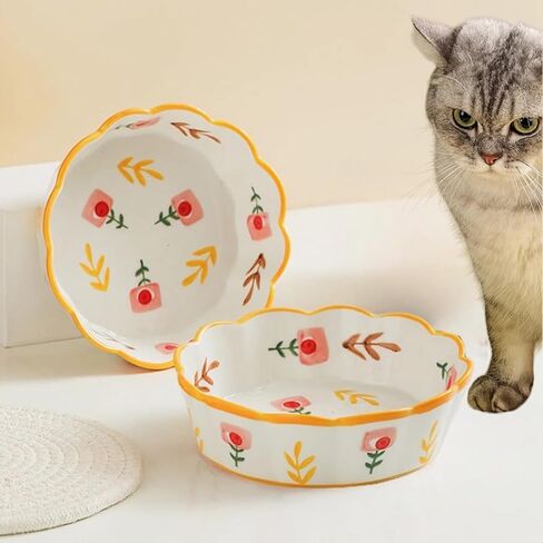 Premium Cat Food Bowl Set of 2, 6" Ceramic Cat Water Bowl, Cute Cat Bowls for Indoor Cats, Shallow Weighted Cat Dishes for Wet Food, Whisker Fatigue Kitten Bowls Large Capacity in Saudi Arabia